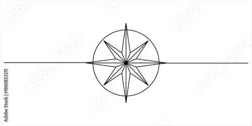 Simple line art drawing of a minimalist eight-point compass rose symbol on a white background Vector, illustration