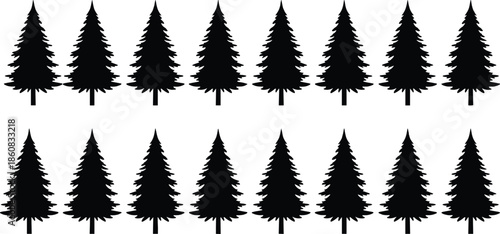 Pine tree silhouette icon set, forest evergreen graphic, black white vector, nature symbol, cad drawing flat vector illustration