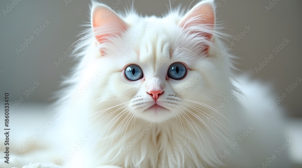 Fototapeta premium White Fluffy Cat with Blue Eyes