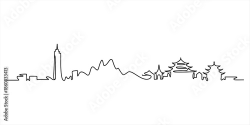 Continuous line drawing illustrating a city skyline with modern buildings, mountains, and traditional asian temples Vector, illustration