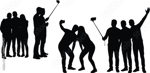 People taking selfie silhouettes isolated on white background showing friends group photography smartphone social media and modern lifestyle moments