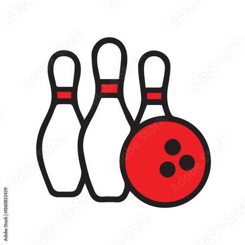 A clean vector illustration of three bowling pins standing together with a bowling ball, designed in a sporty style using smooth lines, clear shapes, and a dynamic athletic look.