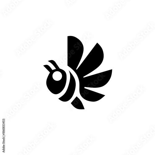 Minimalist bee logo featuring a sleek black silhouette with stylized wings. A modern, clean design representing hard work, community, and organic nature brands.