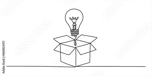 Continuous line drawing of a light bulb emerging from an open box symbolizing a new idea Vector, illustration