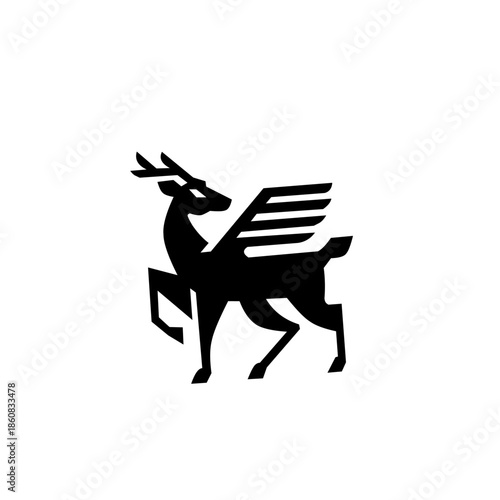 Minimalist black and white winged deer logo. A unique mythological stag silhouette featuring sharp geometric wings, ideal for modern branding, heraldry, and apparel.