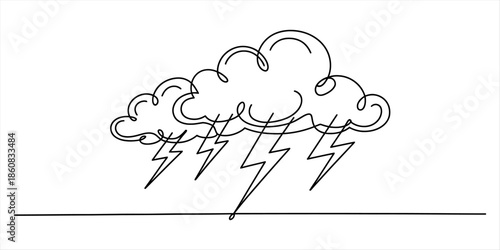 Continuous line drawing of a stormy cloud with lightning bolts striking down Vector, illustration