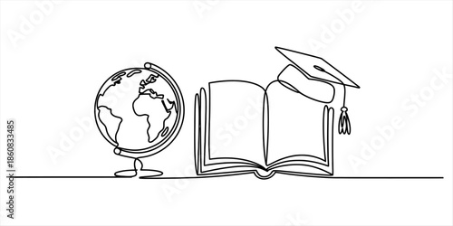Continuous line drawing of global education concept with globe, book, and graduation cap Vector, illustration