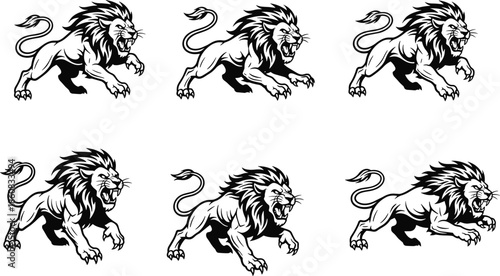 Roaring lion mascot illustrations set, aggressive wild animal poses collection, powerful predator symbols, sports branding, cad drawing flat vector illustration