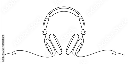 Single continuous line art drawing of over-ear headphones for audio and entertainment Vector, illustration