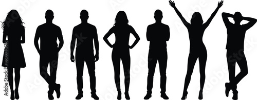 Standing people silhouette set showing men and women poses, confidence, freedom, success, individuality concepts for lifestyle, business, and social design