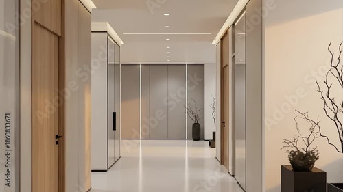 Modern Office Hallway with Natural Light and Sleek Design.