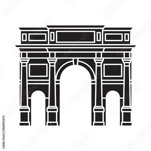 A detailed black and white illustration of a classic roman triumphal arch