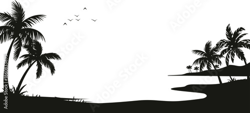 Tropical island palm tree silhouettes landscape isolated on white background showing beach nature summer scenery and peaceful vacation environment