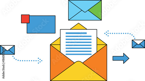 Email communication vector illustration with colorful envelopes, arrows, and message flow representing digital correspondence and messaging exchange.