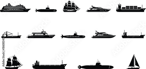 ship, boat, silhouette, vessel, maritime, naval, transport, watercraft, cargo, cruise, yacht, submarine, sailing, vector, illustration, ship silhouette, boat silhouette, maritime transport
