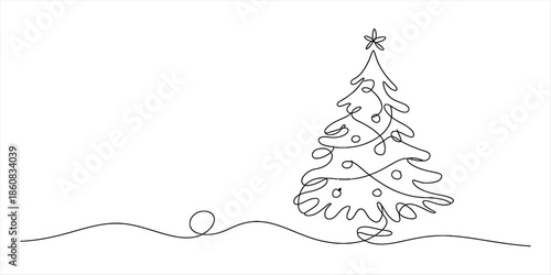 Minimalist continuous line art drawing of a decorated christmas tree with a star topper Vector, illustration