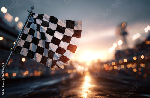 Black and white checkered racing flag waving in the wind during sunset at a motorsport event