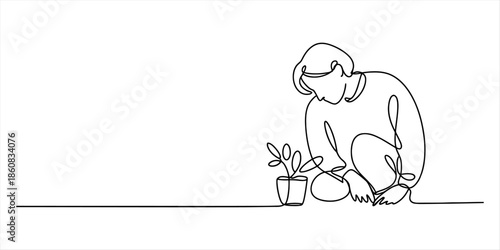 A person crouched down beside a potted plant, drawn in a single continuous line. Vector, illustration