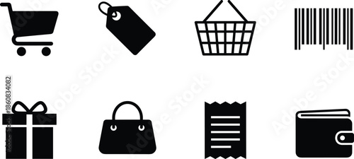 Shopping retail icon set, cart tag basket barcode gift purse receipt wallet, black white vector, cad drawing flat vector illustration