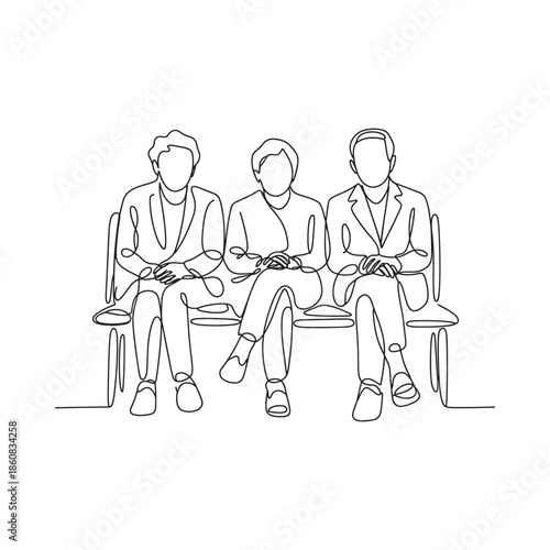 Three people seated in chairs line art illustration waiting or meeting