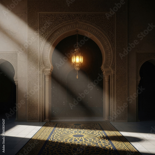 Serene Sanctuary: Sunlight streams through an arched doorway of an architectural marvel. A lantern casts a warm glow, illuminating the patterned carpet. Evoking a sense of peace and wonder.