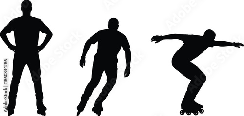 Silhouette of inline roller skaters performing dynamic poses isolated on white background, modern urban sport, fitness, motion, balance, speed concept illustration