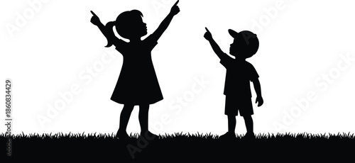 Silhouette of Two Children Pointing at Sky Together, Childhood Curiosity and Imagination Concept, Kids Friendship, Learning, Dreams, Outdoor Illustration
