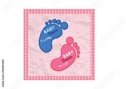Baby Shower Gender Reveal Footprints, footprint for a boy and a pink footprint for a girl, both labeled "Baby Shower."