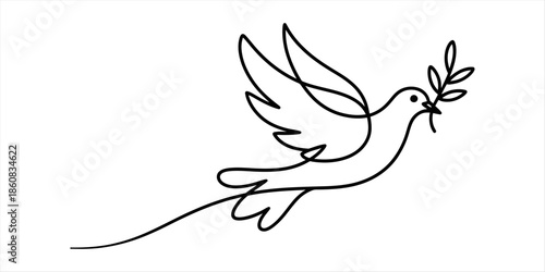 A minimalist single line drawing of a flying dove holding an olive branch, symbolizing peace and hope Vector, illustration