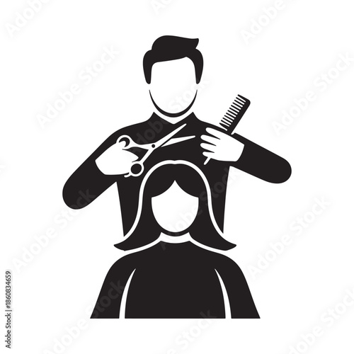 A barber cutting a woman s hair with scissors and a comb