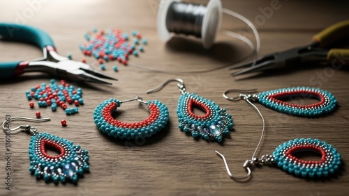 Beaded earrings with turquoise and red beads alongside crafting tools on a wooden work surface.