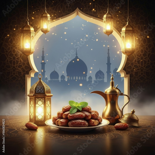 Ramadan Celebration: The image captures the essence of Ramadan, featuring a meticulously arranged plate of dates, a symbol of breaking fast.