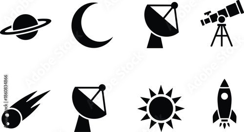 Space icon set, planet moon satellite telescope rocket, astronomy silhouette graphic, black white vector, cad drawing flat vector illustration