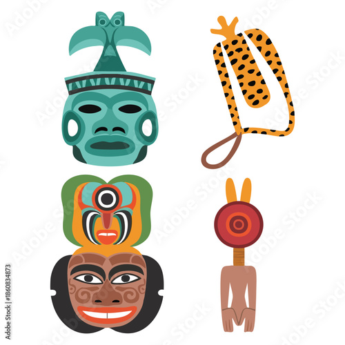 Maya culture symbols vector set illustration featuring traditional attributes perfect for historical heritage ethnic artwork and educational cultural themed designs