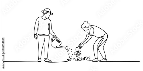 Two people watering and tending to a plant in a garden Vector, illustration