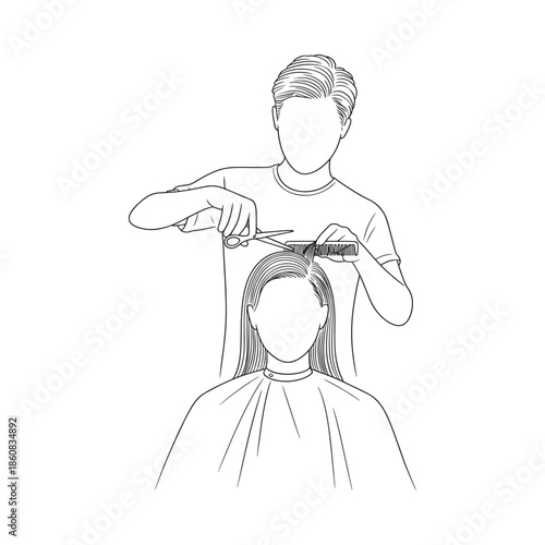 A simple line drawing depicts a barber cutting a client s hair