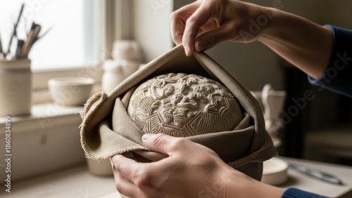 Hands shaping a clay sculpture in a pottery studio with natural light