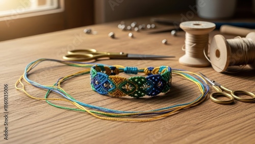 Colorful beaded bracelet on a wooden table with crafting tools and supplies.