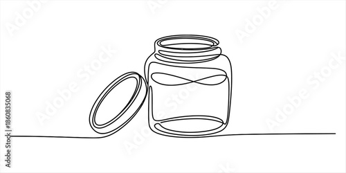 A continuous line drawing of an empty glass jar with its lid lying beside it Vector, illustration