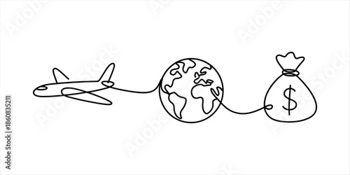 A continuous line drawing illustrating the connection between global travel, finance, and international business. Vector, illustration