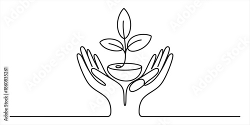 Hands nurturing a delicate plant in a continuous line drawing Vector, illustration