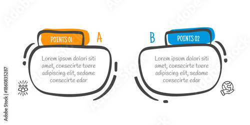 hand drawn doodle sketch comparison concept for infographic template banner with round box container and folder badge on top with two point list information