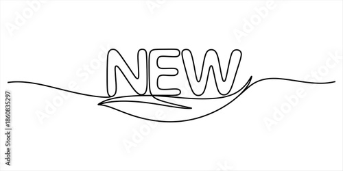 Minimalist continuous line drawing art featuring the word new and a leaf Vector, illustration