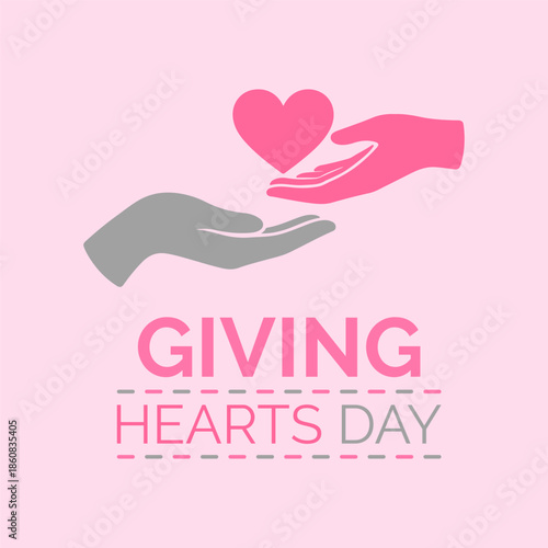 Giving Hearts Day represents the power of love and generosity, symbolized by a caring human figure extending an open hand to offer a heart. Banner poster, flyer and background design template.