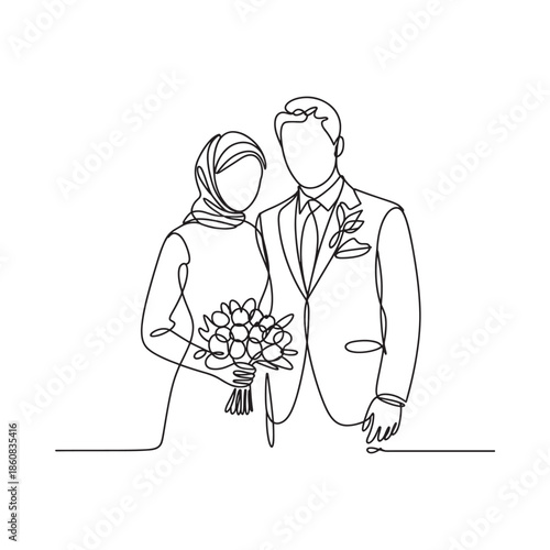 Minimalist line art depicting a newlywed couple in traditional attire