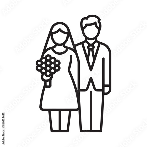 A simple line drawing of a bride and groom standing closely together