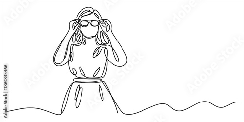 A continuous line art illustration of a woman adjusting her glasses on a white background Vector, illustration