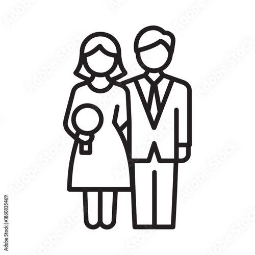 Simple line drawing depicts a family of three mother father and child