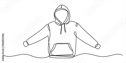 A continuous line art drawing of a hoodie on a white background with arms outstretched Vector, illustration