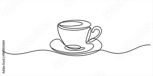 Simple line drawing of a coffee cup and saucer Vector, illustration